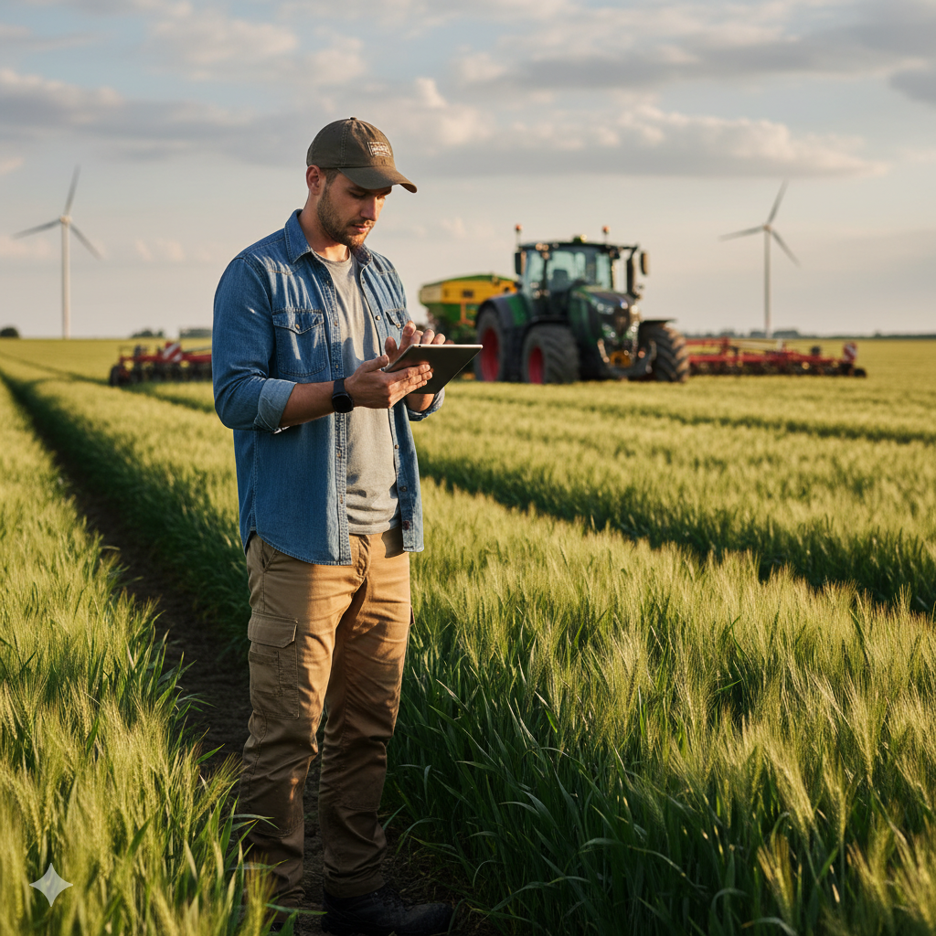 Rolnik z tabletem w polu — wyszukiwanie usług rolniczych